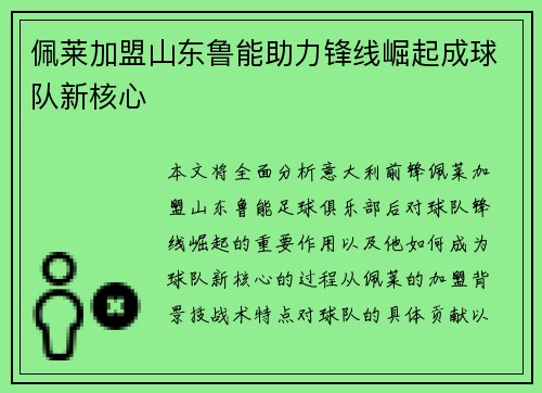 佩莱加盟山东鲁能助力锋线崛起成球队新核心